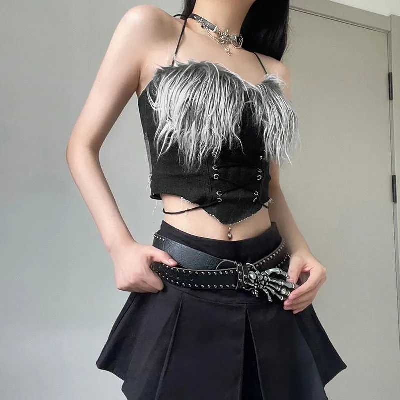 Fashion Fluffy Party Halter Top Female Backless Sexy Zipper Clubwear Faux Fur Patchwork Clubwear Crop Tops Camisole