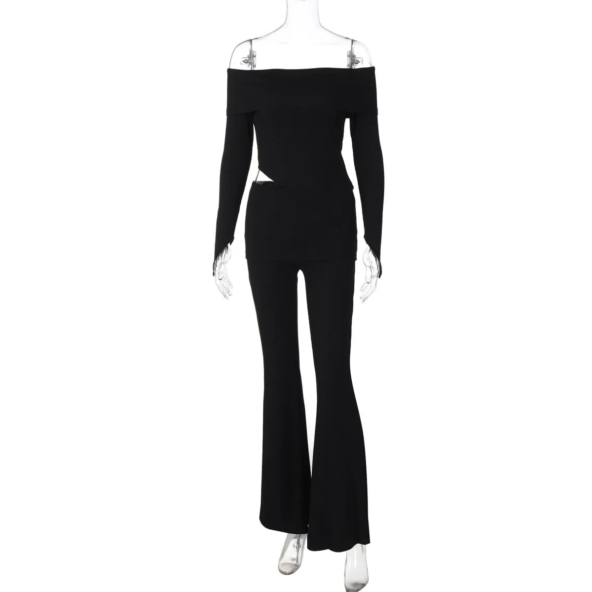 Fashionkova off shoulder  Women's 2024 Autumn Fashion Personalized off-Shoulder Lapel Top Flared Pants Two-Piece Set