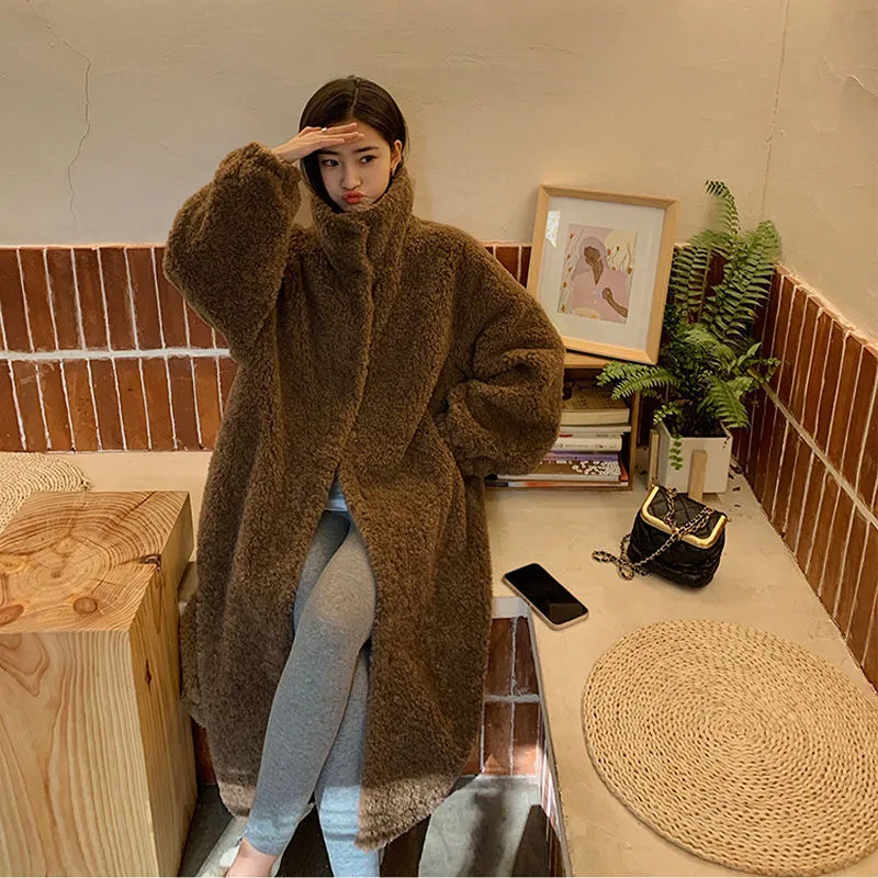 Fashionkova shoes Maillard Small Teddy Wool Stand Collar Coat Long Cashmere Lamb Fur Coat Thickened Loose