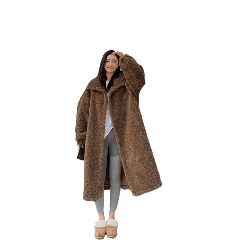 Fashionkova shoes Maillard Small Teddy Wool Stand Collar Coat Long Cashmere Lamb Fur Coat Thickened Loose