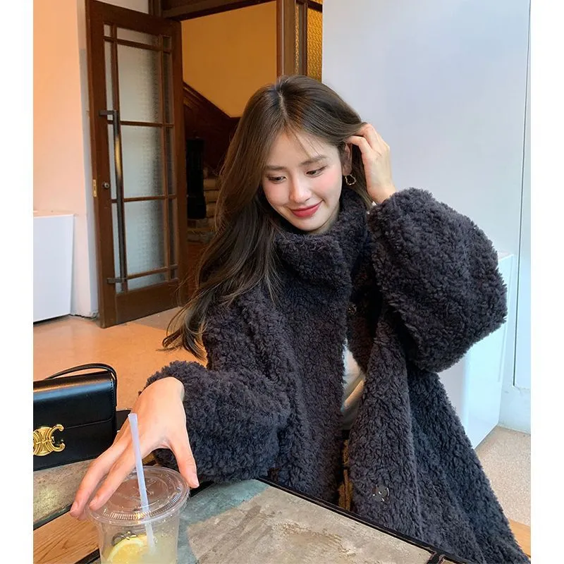 Fashionkova shoes Maillard Small Teddy Wool Stand Collar Coat Long Cashmere Lamb Fur Coat Thickened Loose