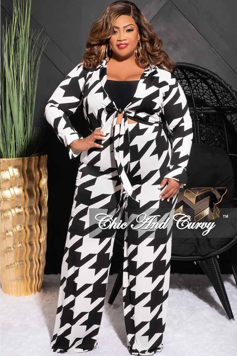 Final Sale Plus Size 2pc Collar Crop Faux Wrap Tie Top and Pants Set in Black & Off White Houndstooth Print