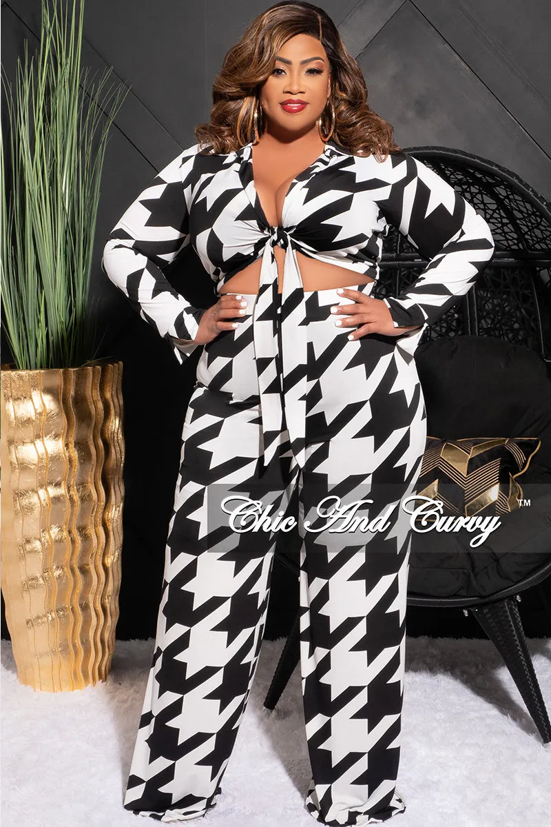 Final Sale Plus Size 2pc Collar Crop Faux Wrap Tie Top and Pants Set in Black & Off White Houndstooth Print