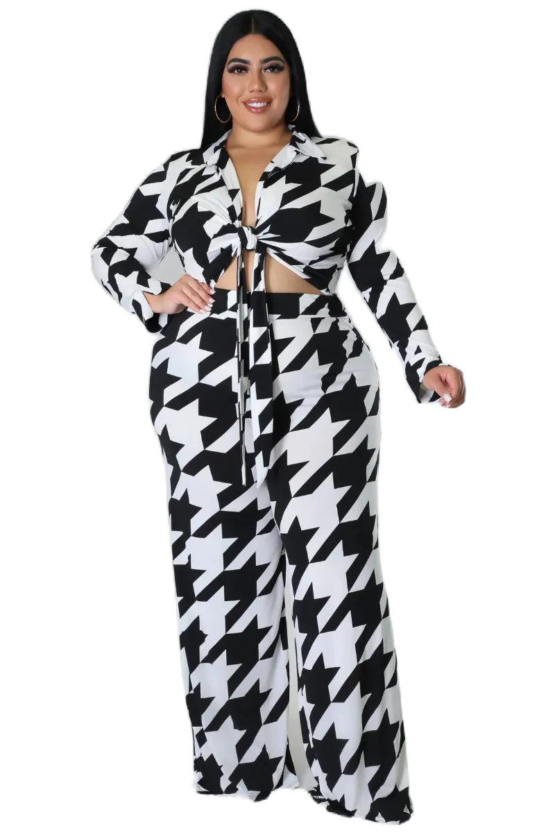 Final Sale Plus Size 2pc Collar Crop Faux Wrap Tie Top and Pants Set in Black & Off White Houndstooth Print