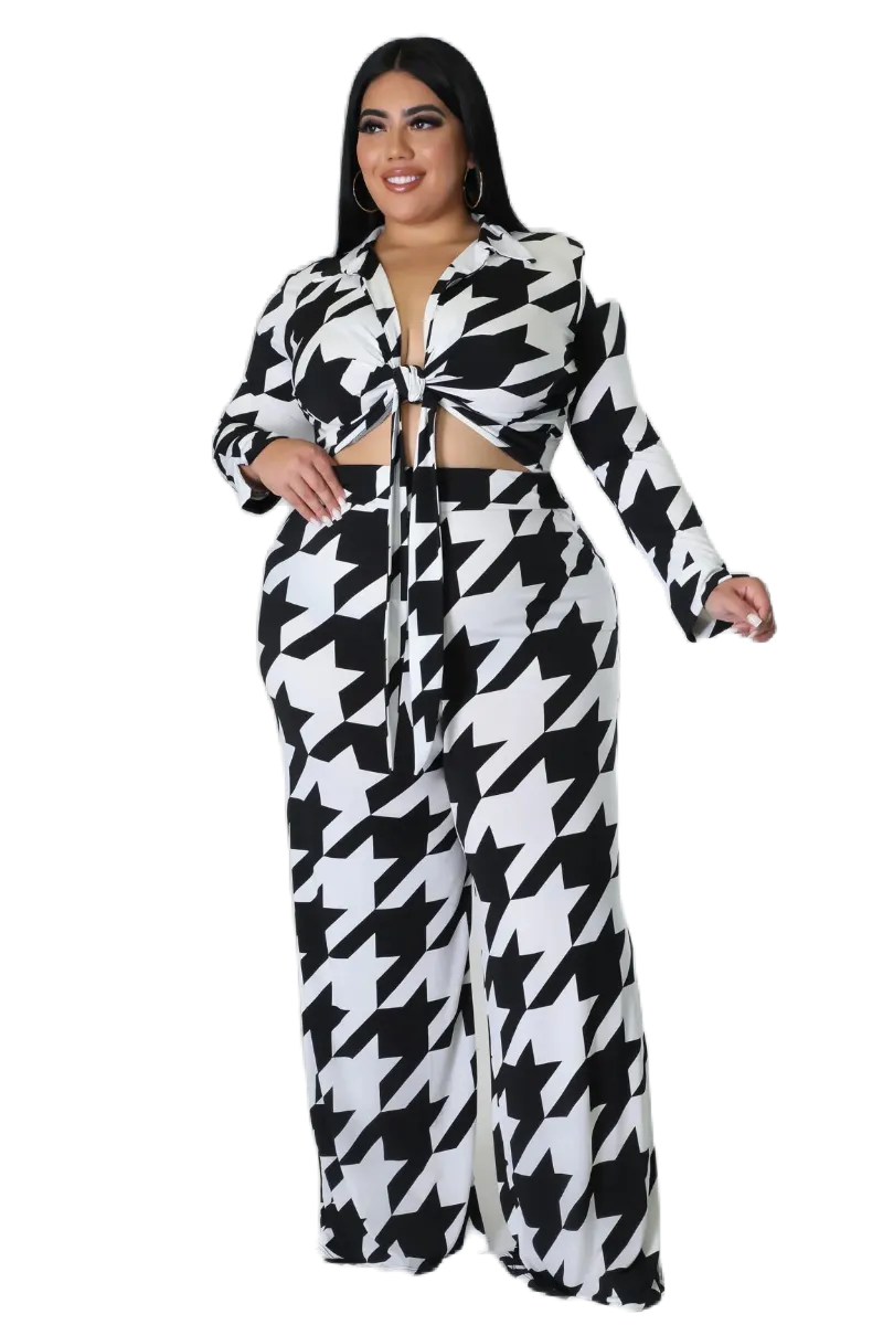 Final Sale Plus Size 2pc Collar Crop Faux Wrap Tie Top and Pants Set in Black & Off White Houndstooth Print