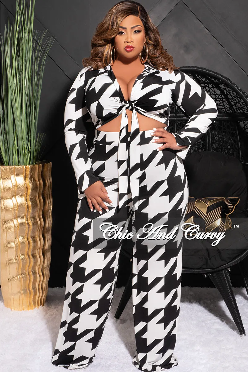 Final Sale Plus Size 2pc Collar Crop Faux Wrap Tie Top and Pants Set in Black & Off White Houndstooth Print