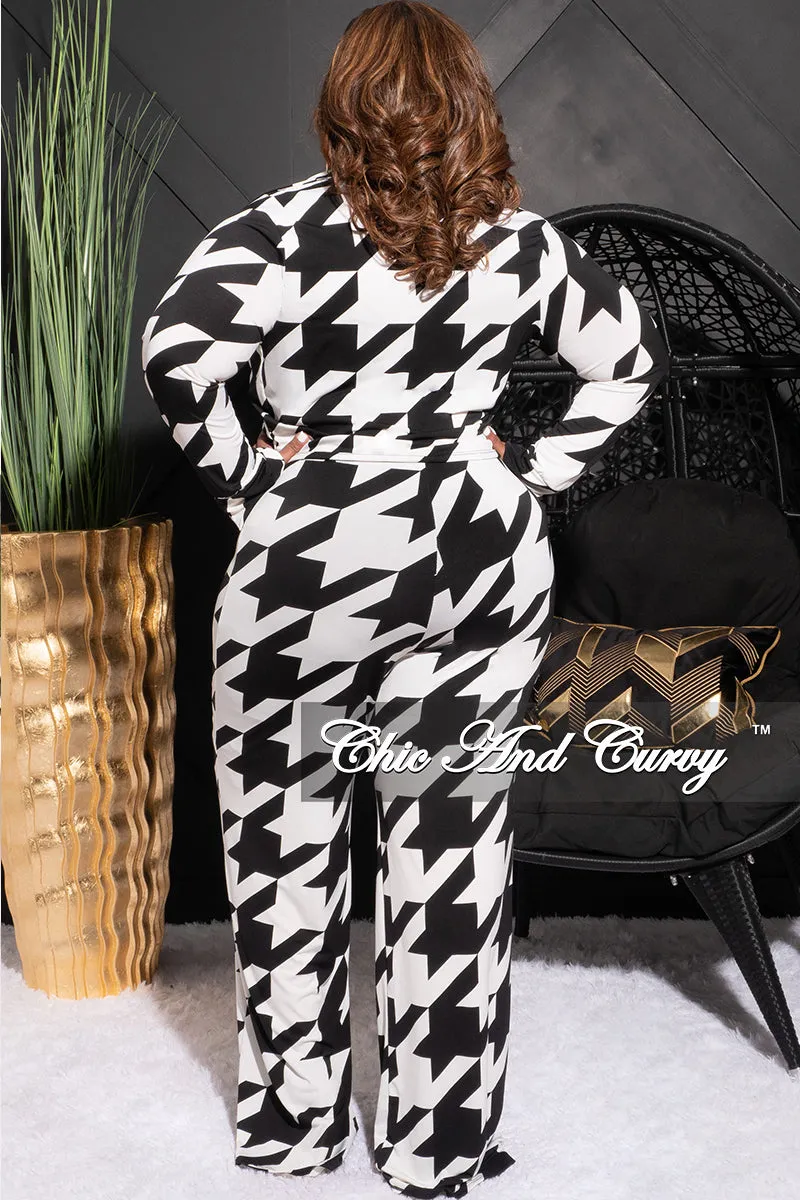 Final Sale Plus Size 2pc Collar Crop Faux Wrap Tie Top and Pants Set in Black & Off White Houndstooth Print