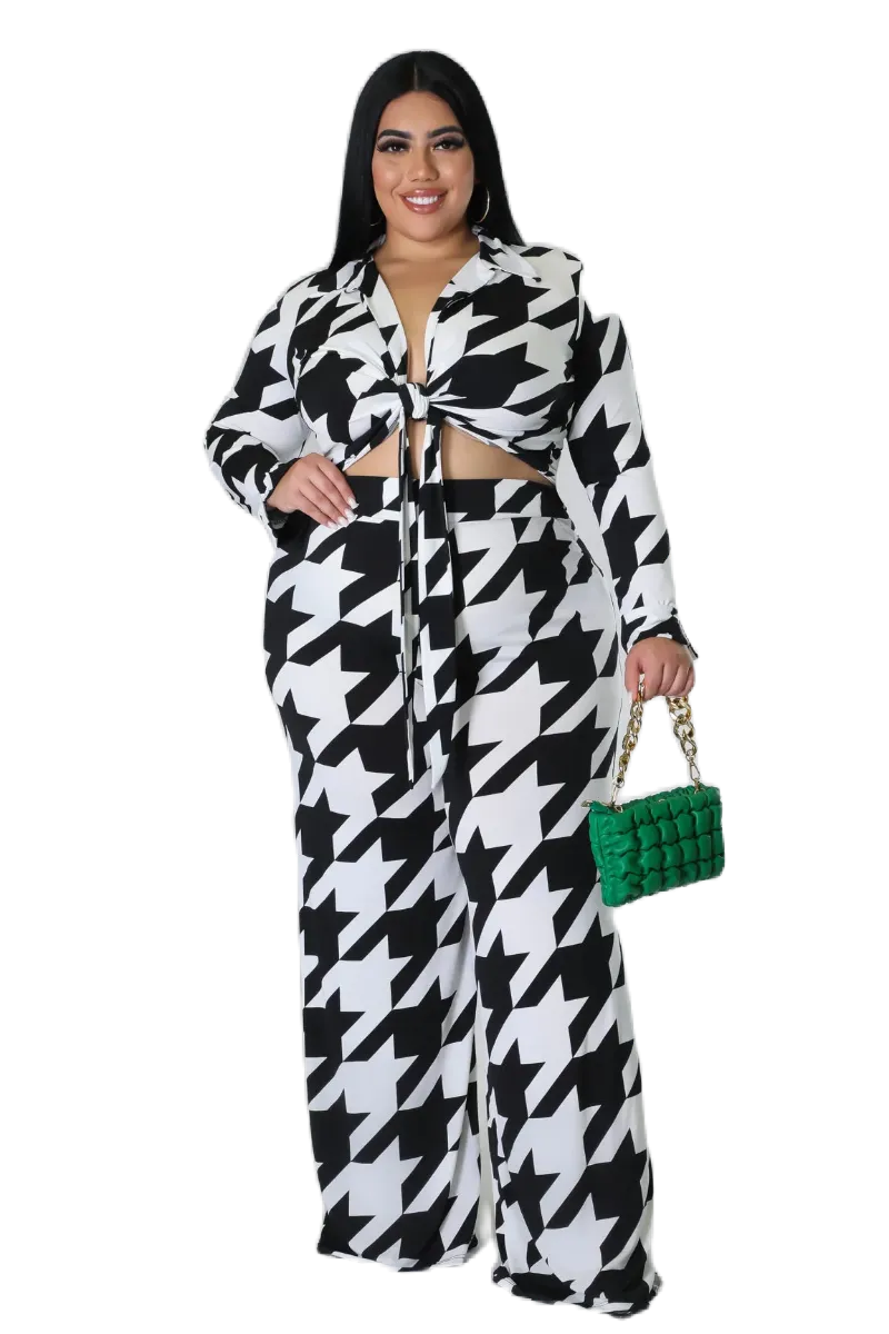 Final Sale Plus Size 2pc Collar Crop Faux Wrap Tie Top and Pants Set in Black & Off White Houndstooth Print