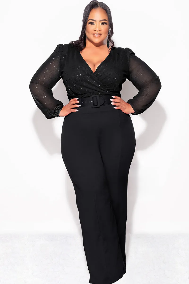 Final Sale Plus Size Sheer Glitter Faux Wrap Top in Black