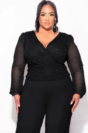 Final Sale Plus Size Sheer Glitter Faux Wrap Top in Black