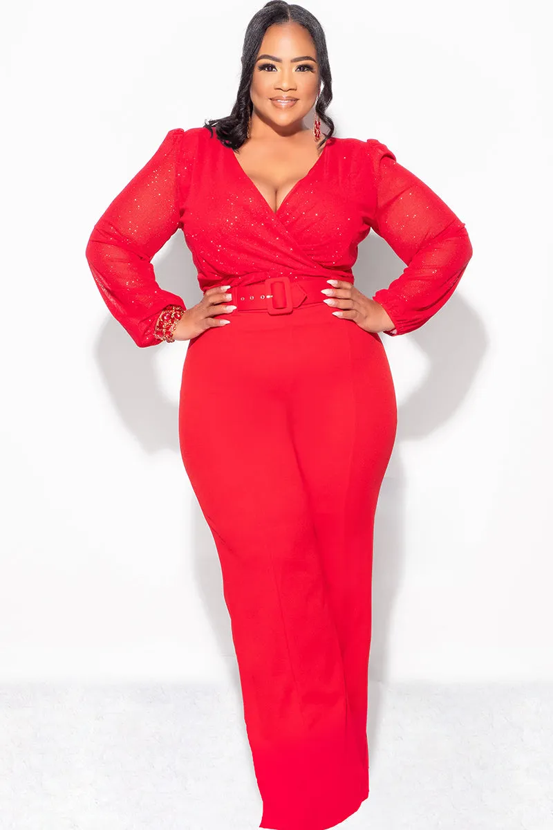 Final Sale Plus Size Sheer Glitter Faux Wrap Top in Red