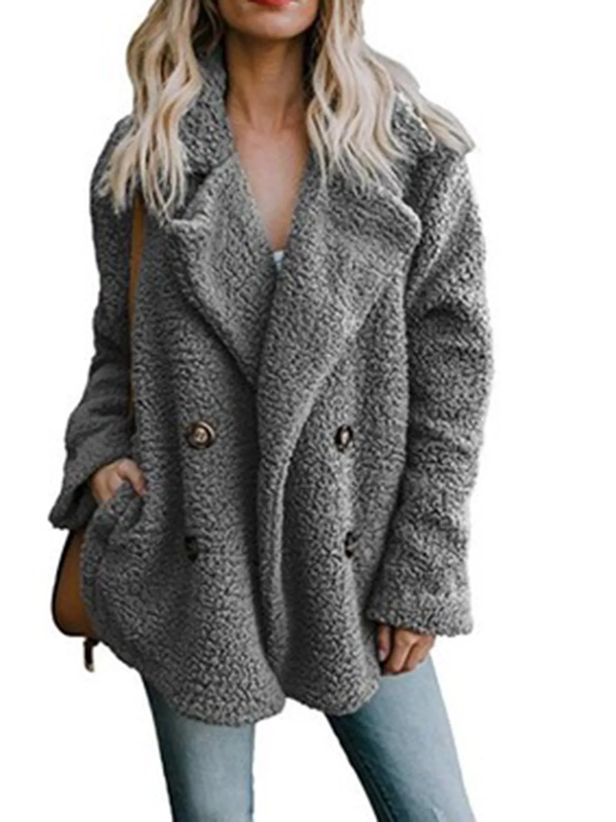 Fleece Fluffy Jacket Shawl Collar Long Sleeve Buttoned Solid Winter Teddy Bear Coat