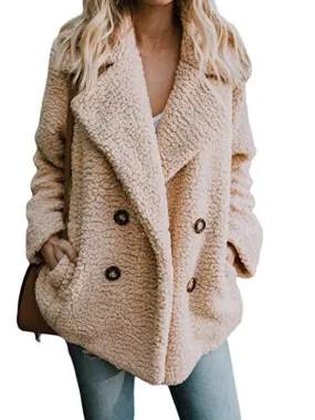 Fleece Fluffy Jacket Shawl Collar Long Sleeve Buttoned Solid Winter Teddy Bear Coat