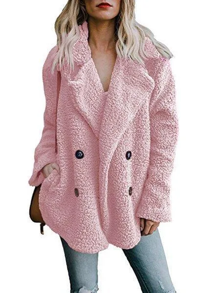 Fleece Fluffy Jacket Shawl Collar Long Sleeve Buttoned Solid Winter Teddy Bear Coat