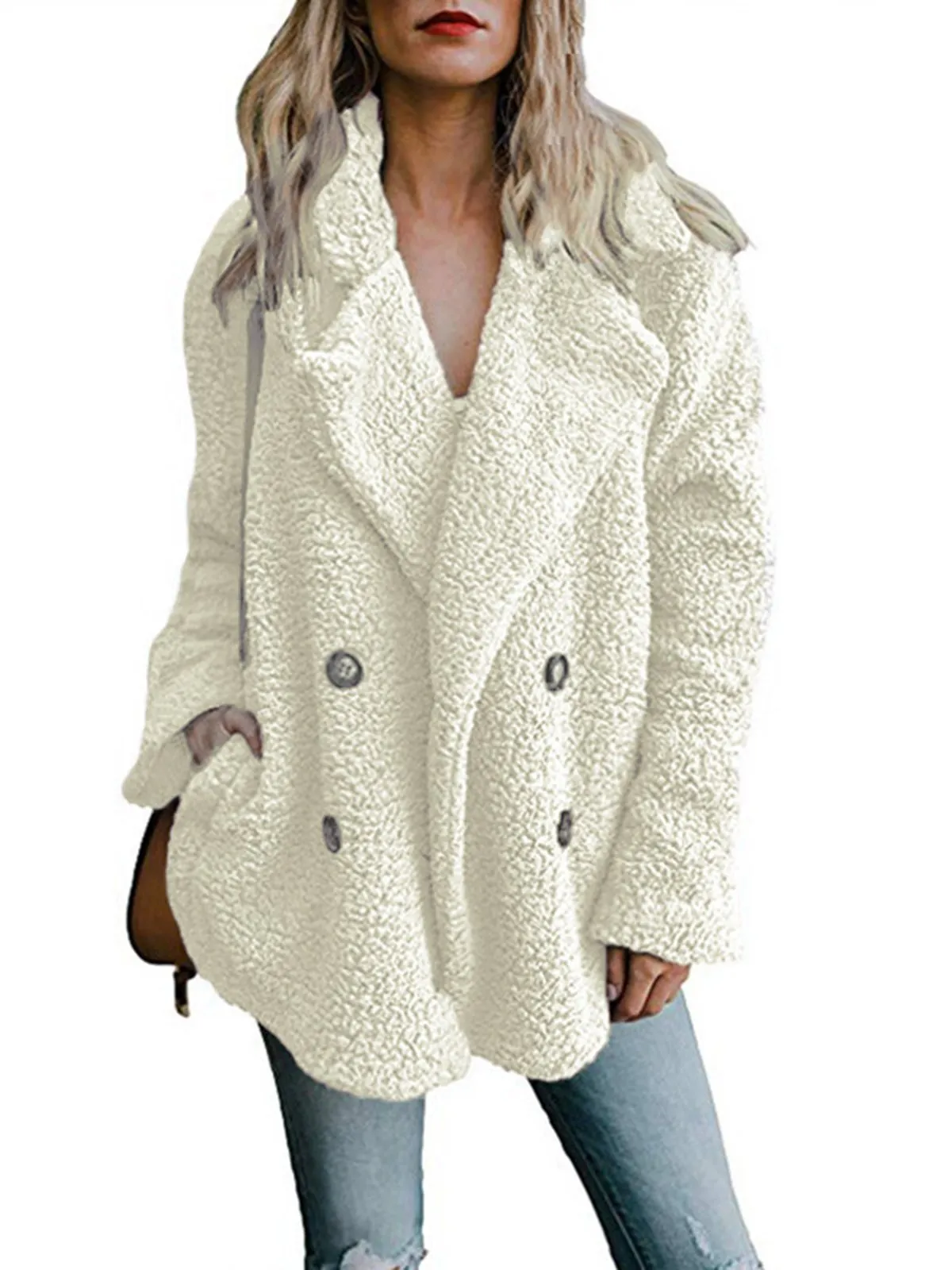 Fleece Fluffy Jacket Shawl Collar Long Sleeve Buttoned Solid Winter Teddy Bear Coat