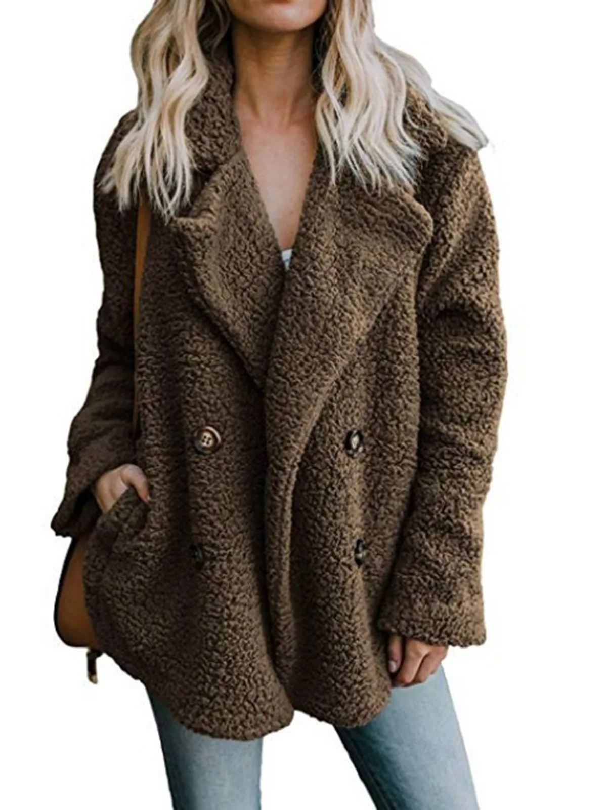 Fleece Fluffy Jacket Shawl Collar Long Sleeve Buttoned Solid Winter Teddy Bear Coat