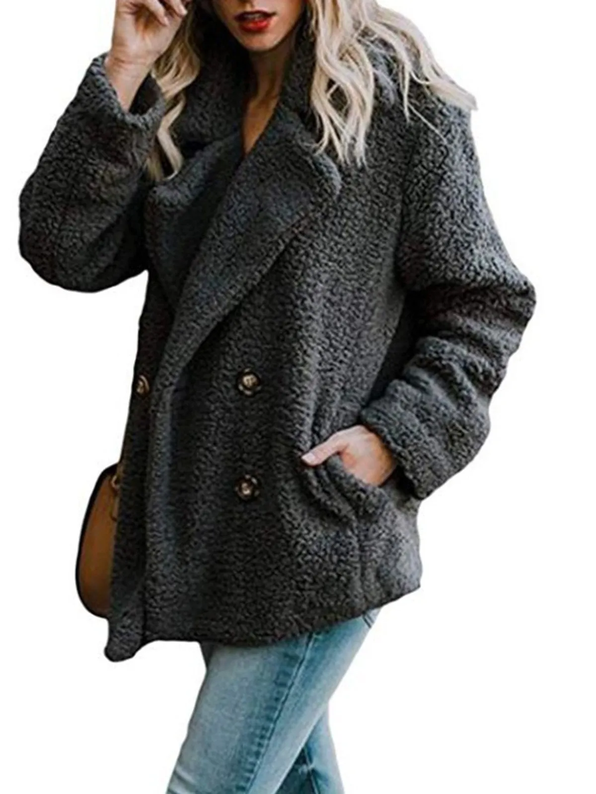 Fleece Fluffy Jacket Shawl Collar Long Sleeve Buttoned Solid Winter Teddy Bear Coat