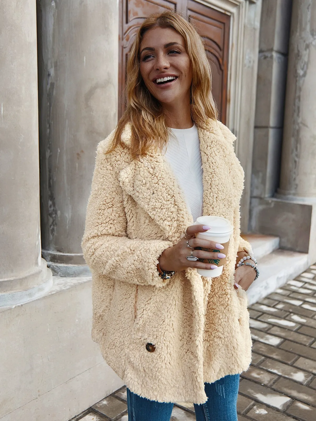 Fleece Fluffy Jacket Shawl Collar Long Sleeve Buttoned Solid Winter Teddy Bear Coat