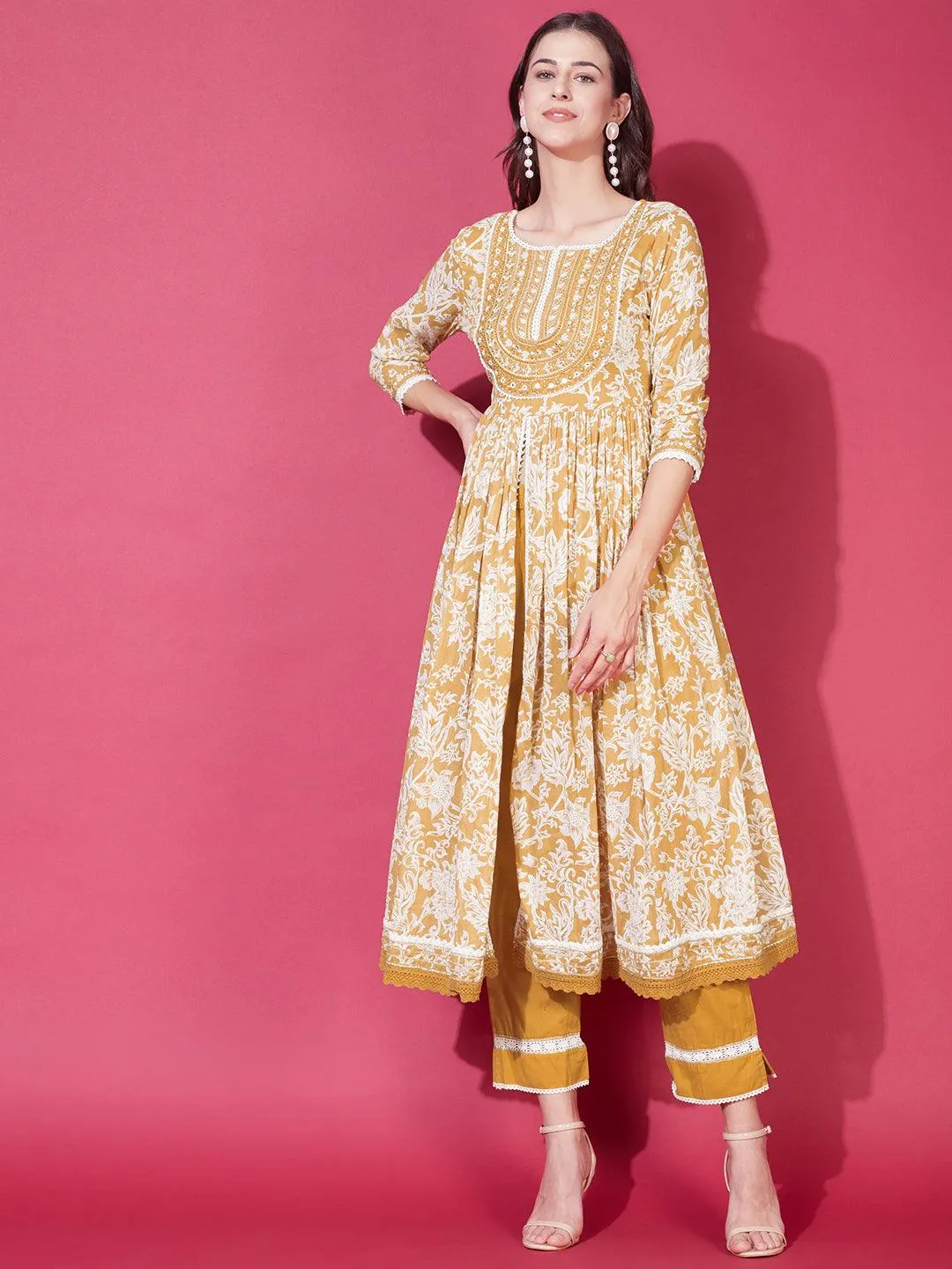 Floral Printed & Embroidered Flared Kurta with Pants & Dupatta - Mustard