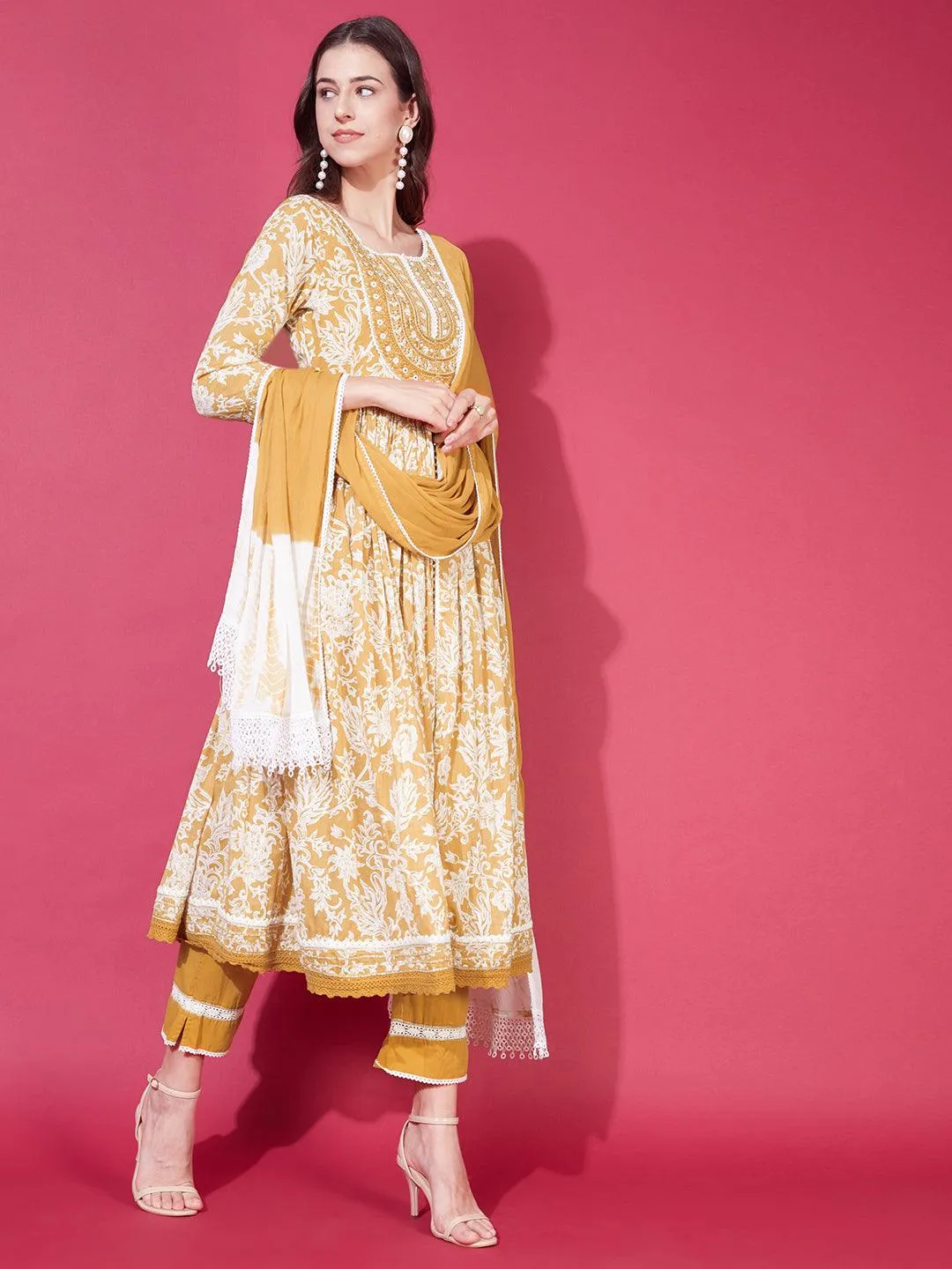 Floral Printed & Embroidered Flared Kurta with Pants & Dupatta - Mustard