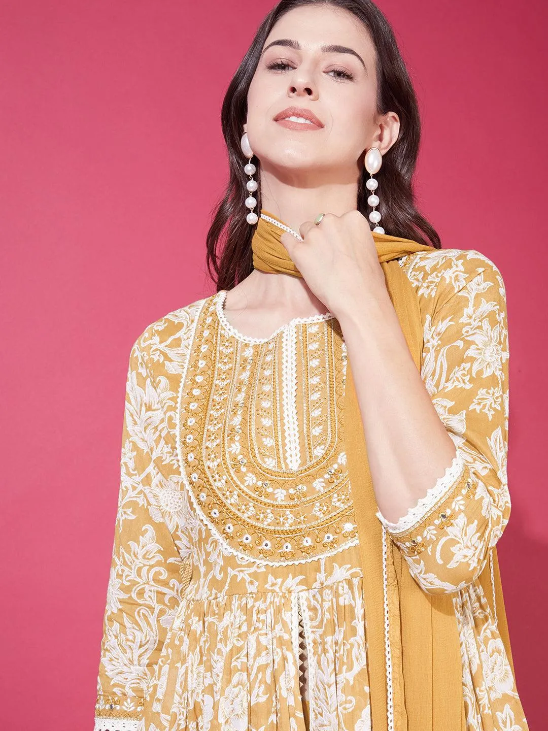 Floral Printed & Embroidered Flared Kurta with Pants & Dupatta - Mustard