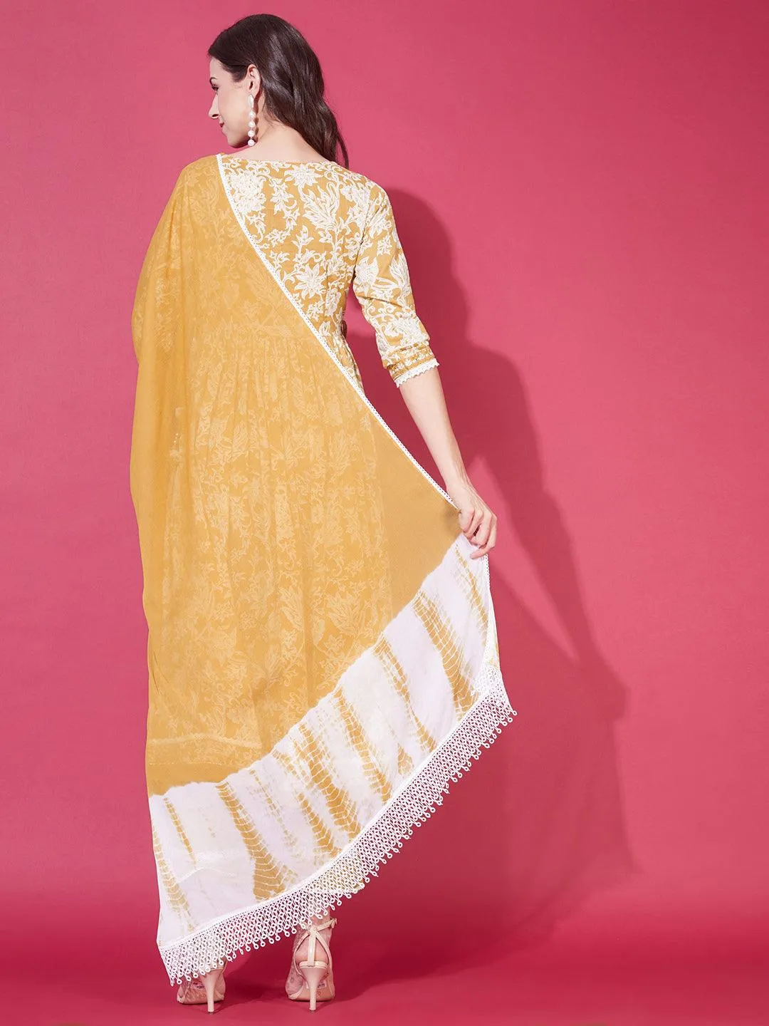 Floral Printed & Embroidered Flared Kurta with Pants & Dupatta - Mustard