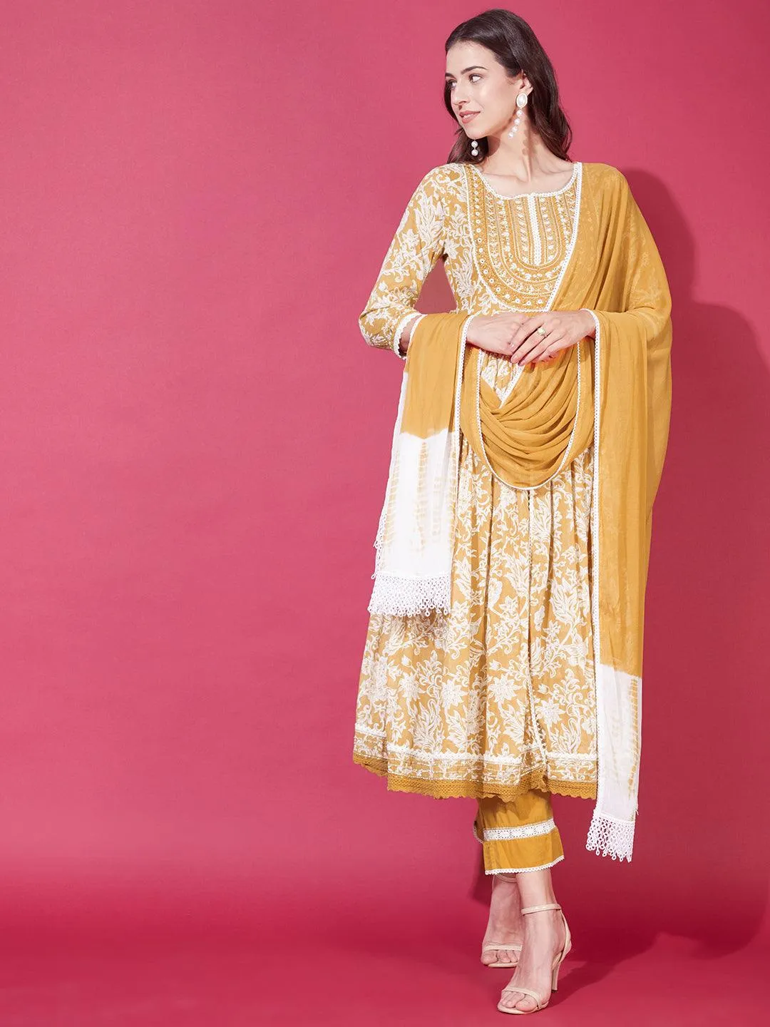 Floral Printed & Embroidered Flared Kurta with Pants & Dupatta - Mustard