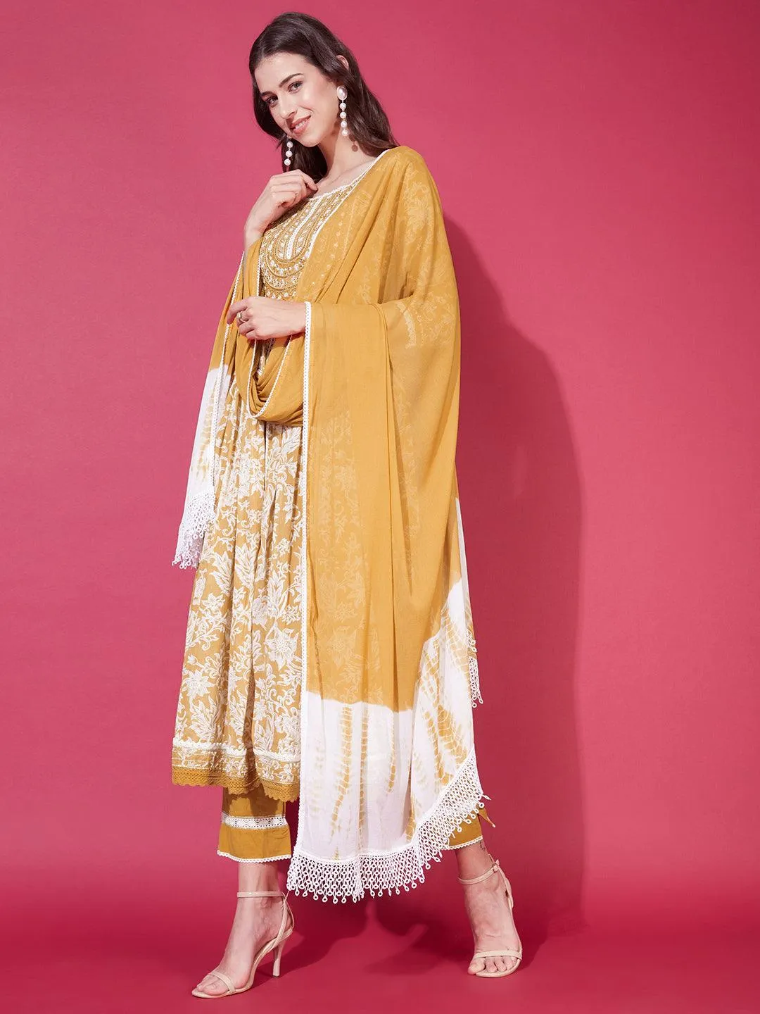 Floral Printed & Embroidered Flared Kurta with Pants & Dupatta - Mustard