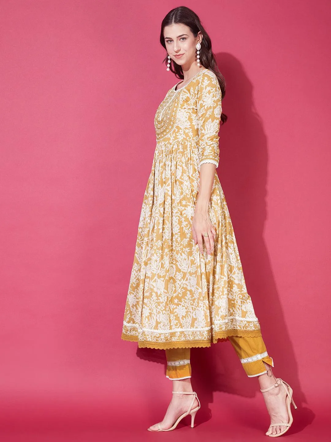 Floral Printed & Embroidered Flared Kurta with Pants & Dupatta - Mustard