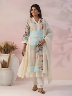 Floral Printed Zari & Stones Embroidered Layered Kurta with Pants & Dupatta - Multi & Off White