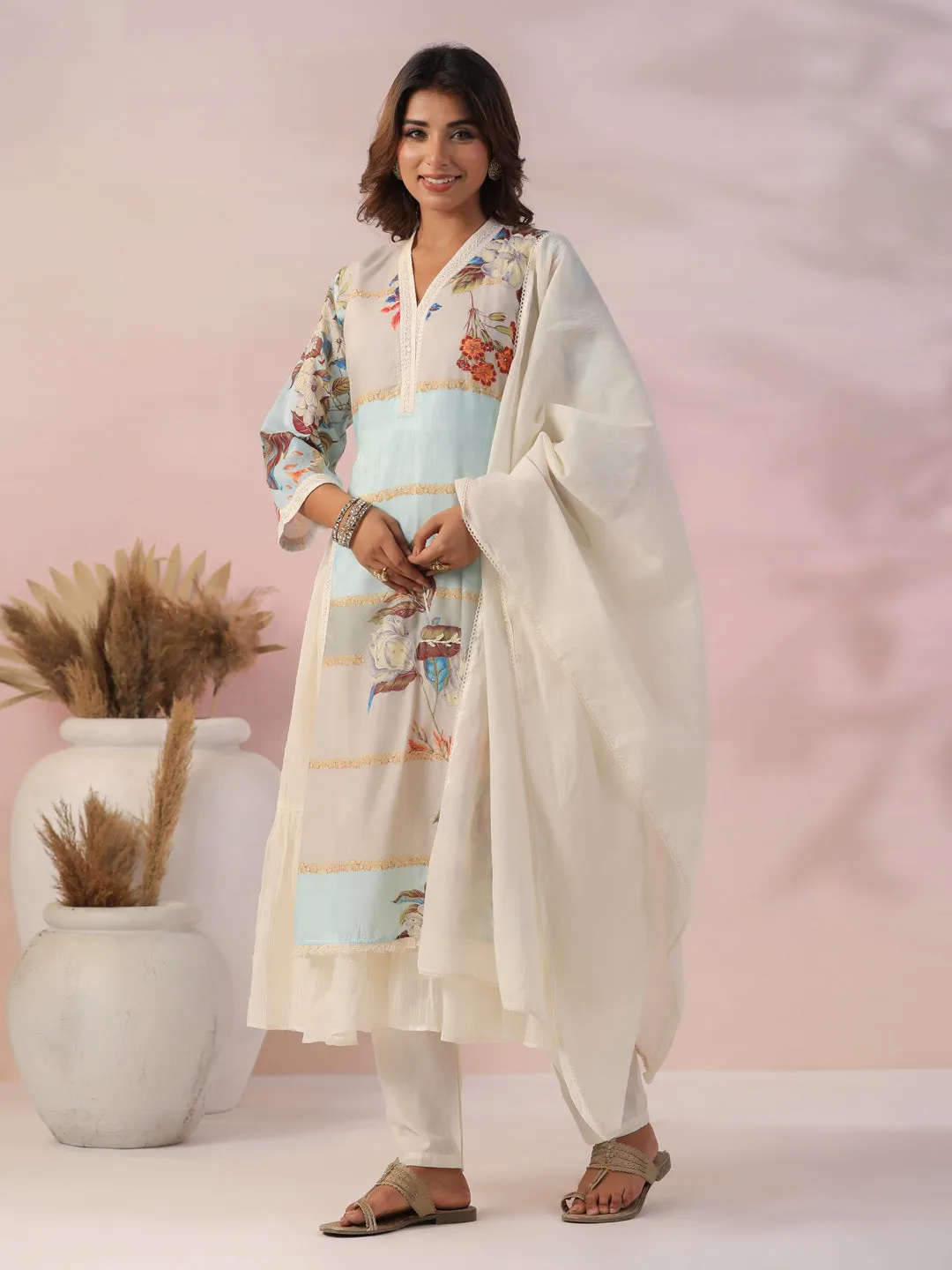 Floral Printed Zari & Stones Embroidered Layered Kurta with Pants & Dupatta - Multi & Off White