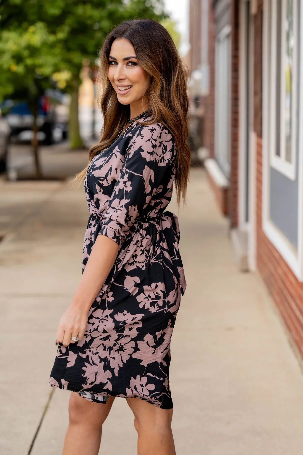 Floral Wrap Top 3/4 Sleeve Dress