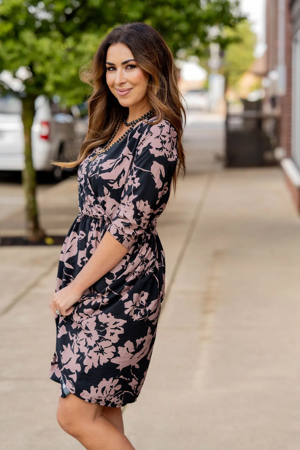 Floral Wrap Top 3/4 Sleeve Dress