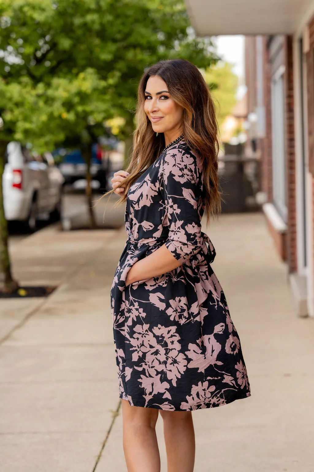 Floral Wrap Top 3/4 Sleeve Dress