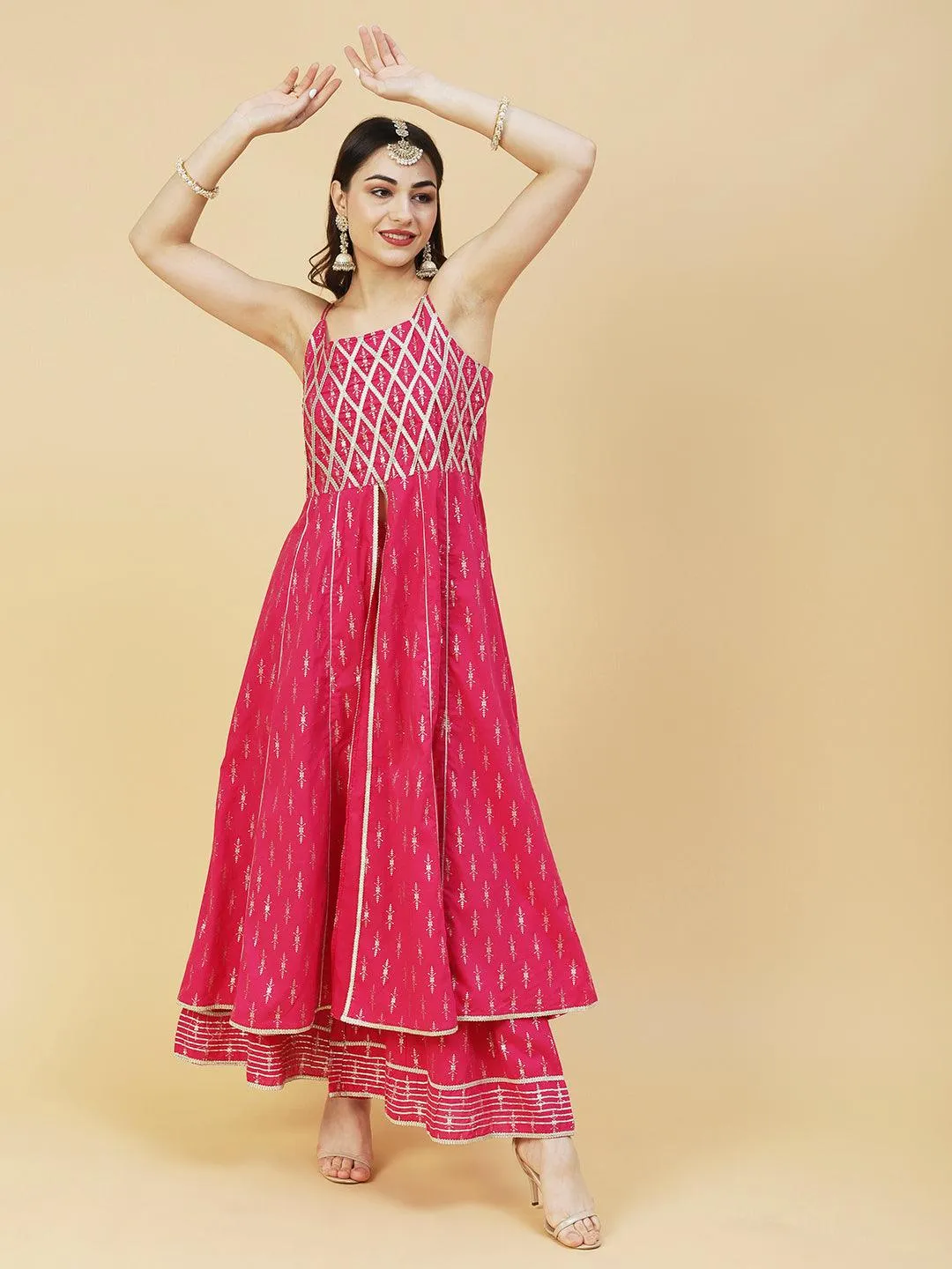 Foil Printed Zari Lace Embellished Anarkali With Sharara & Dupatta - Magenta