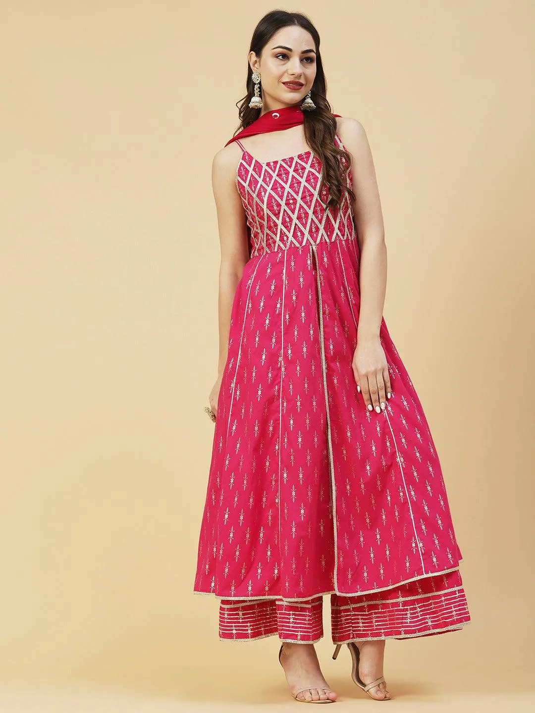 Foil Printed Zari Lace Embellished Anarkali With Sharara & Dupatta - Magenta