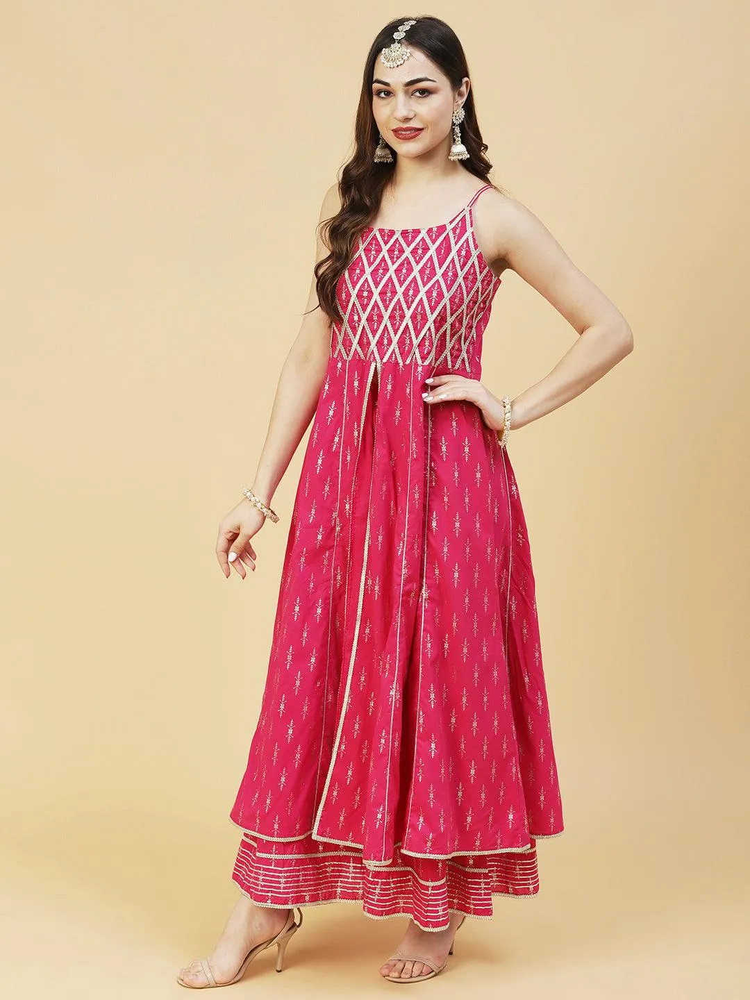 Foil Printed Zari Lace Embellished Anarkali With Sharara & Dupatta - Magenta