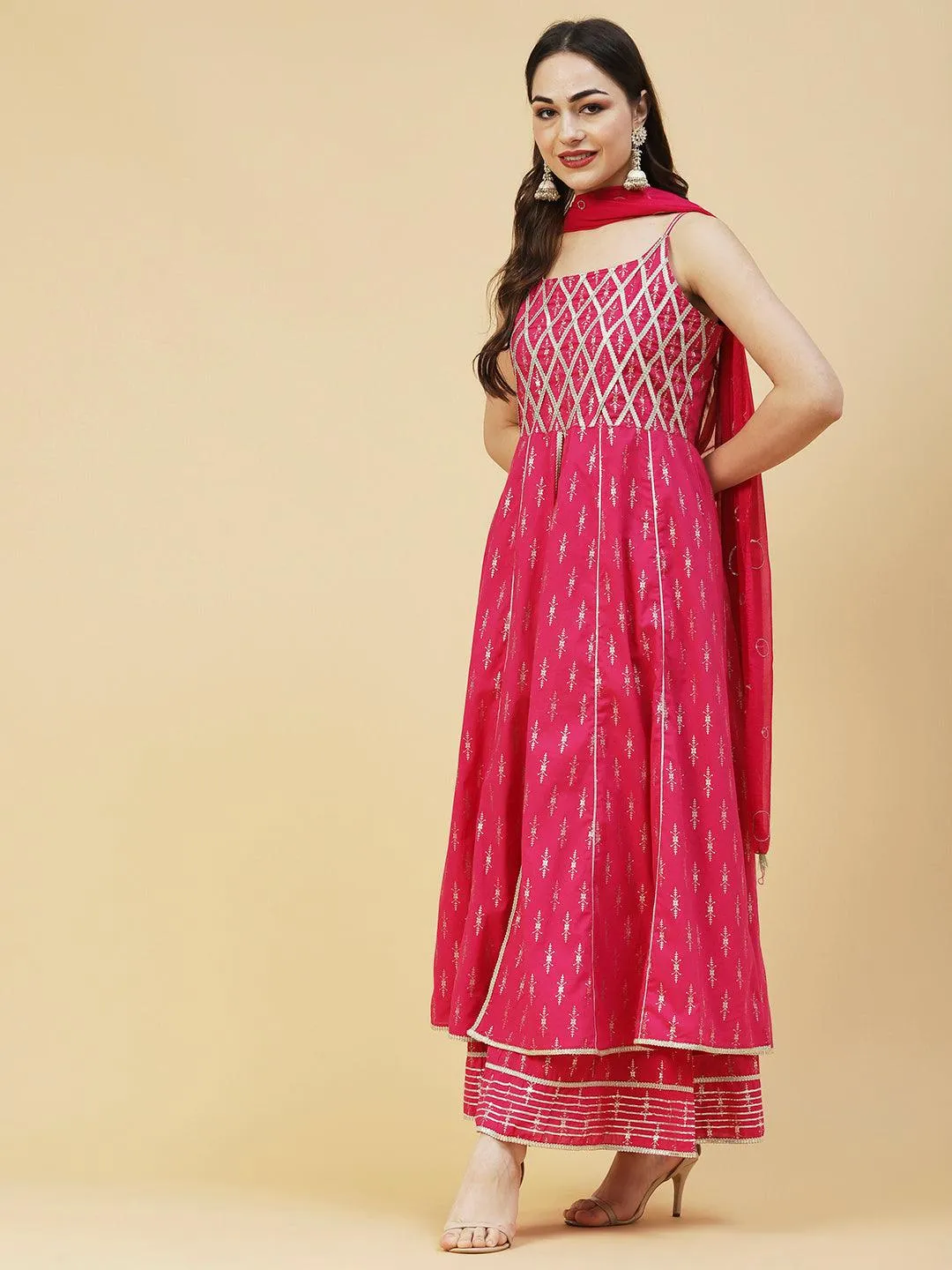 Foil Printed Zari Lace Embellished Anarkali With Sharara & Dupatta - Magenta