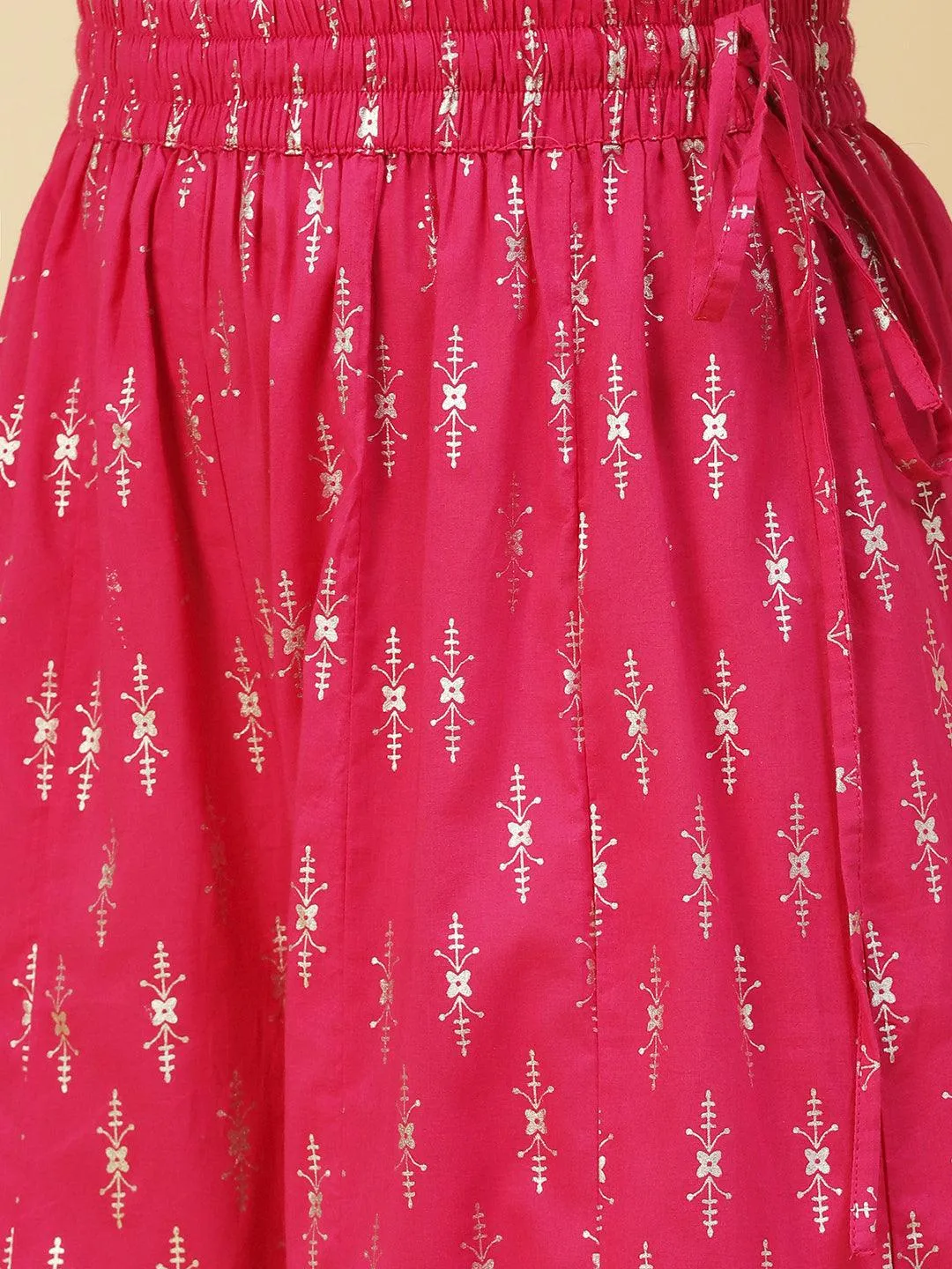 Foil Printed Zari Lace Embellished Anarkali With Sharara & Dupatta - Magenta