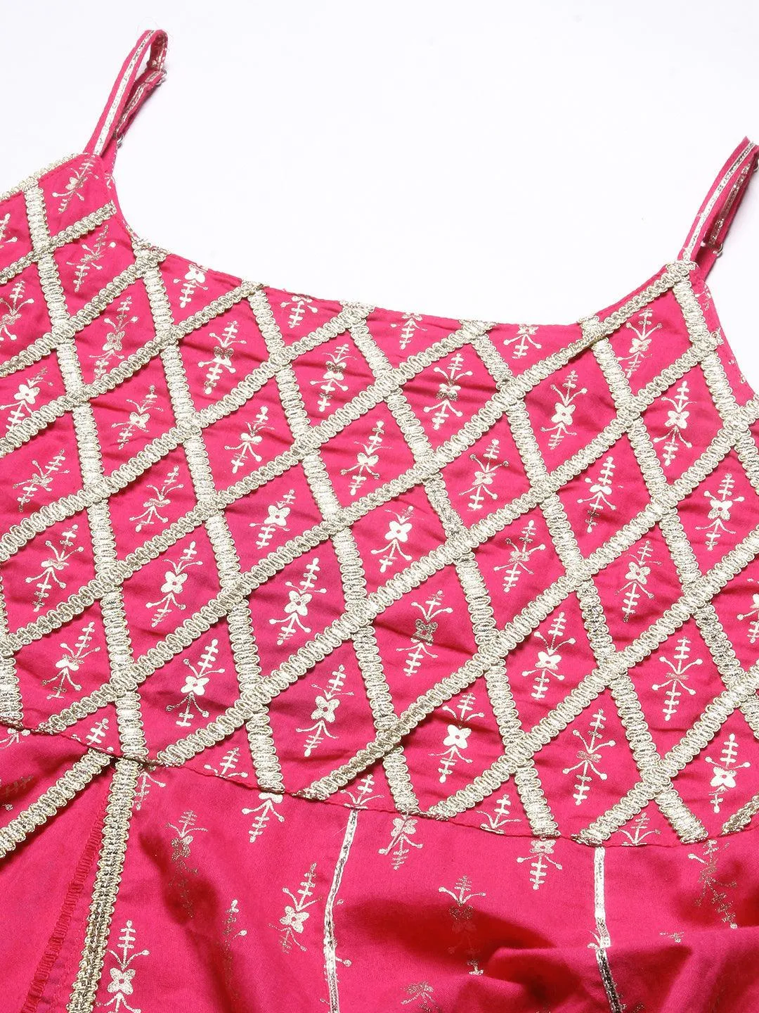 Foil Printed Zari Lace Embellished Anarkali With Sharara & Dupatta - Magenta