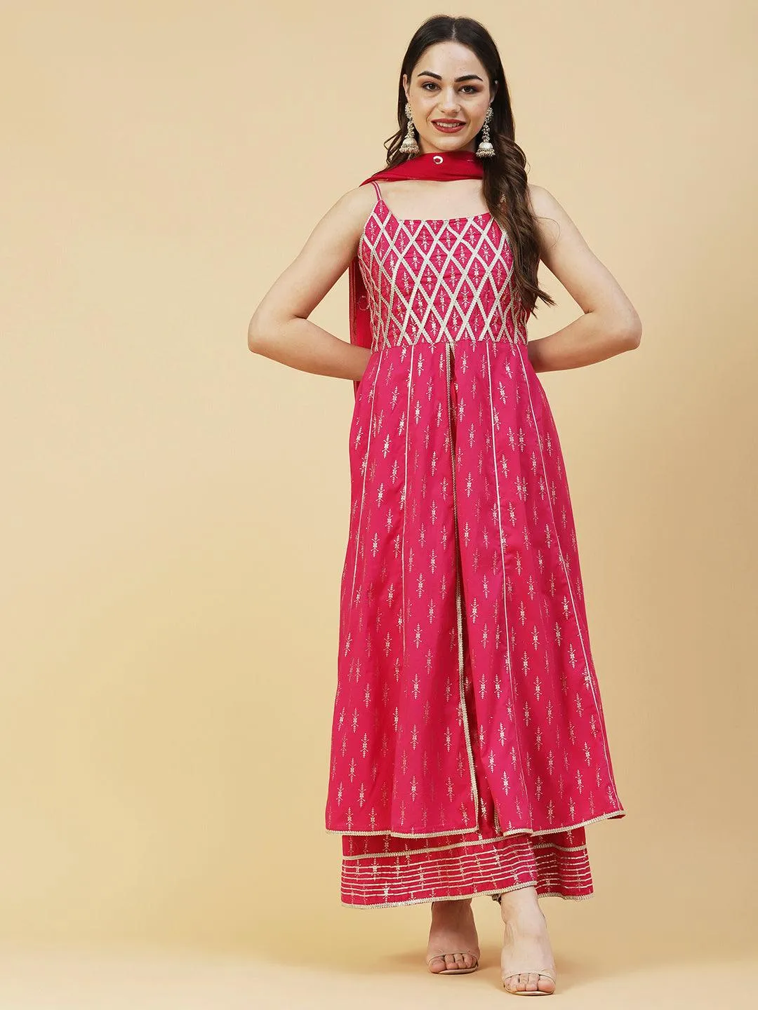 Foil Printed Zari Lace Embellished Anarkali With Sharara & Dupatta - Magenta