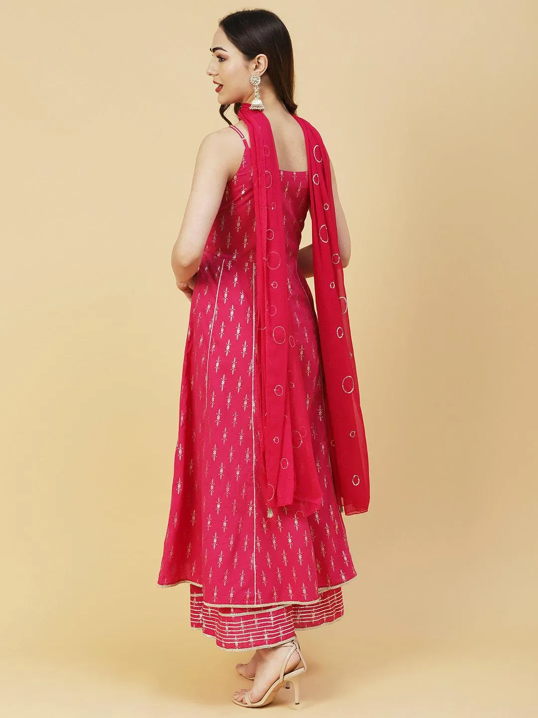 Foil Printed Zari Lace Embellished Anarkali With Sharara & Dupatta - Magenta