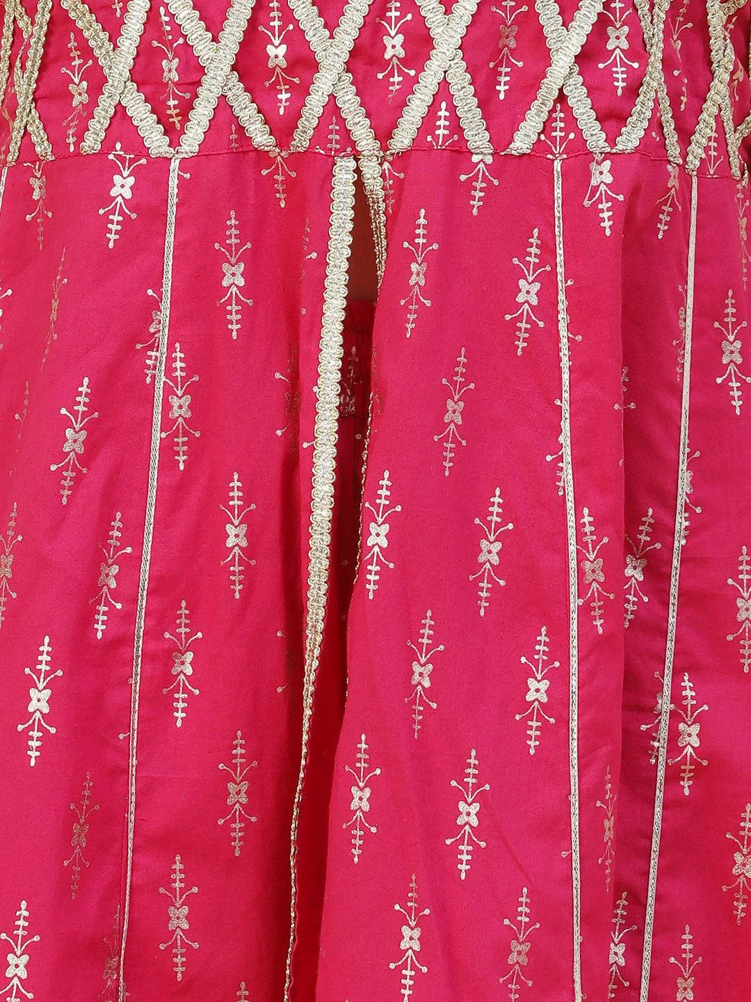 Foil Printed Zari Lace Embellished Anarkali With Sharara & Dupatta - Magenta