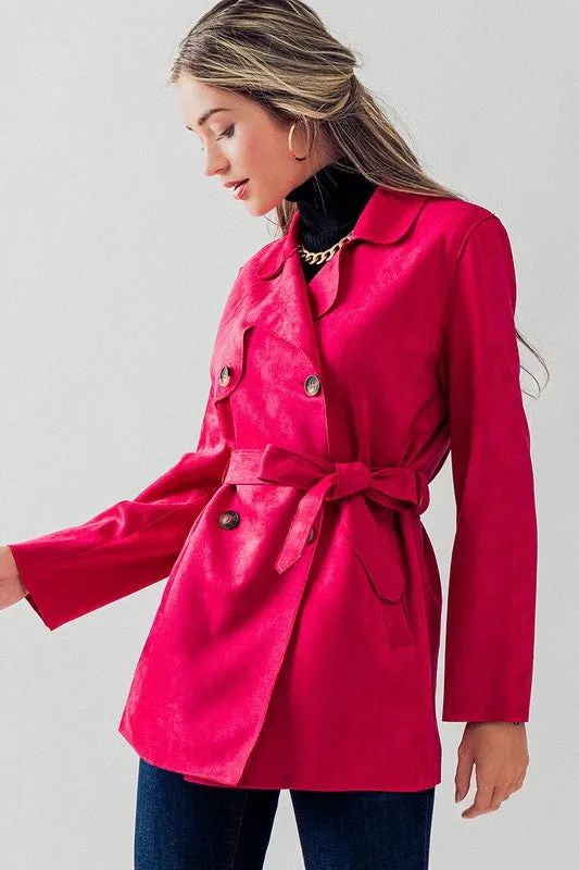 Fuchsia Double Breasted Soft Suede Trench Coat