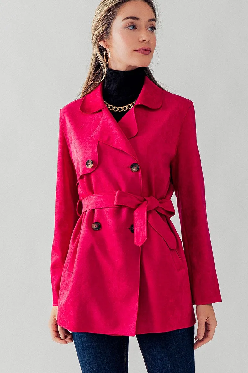 Fuchsia Double Breasted Soft Suede Trench Coat