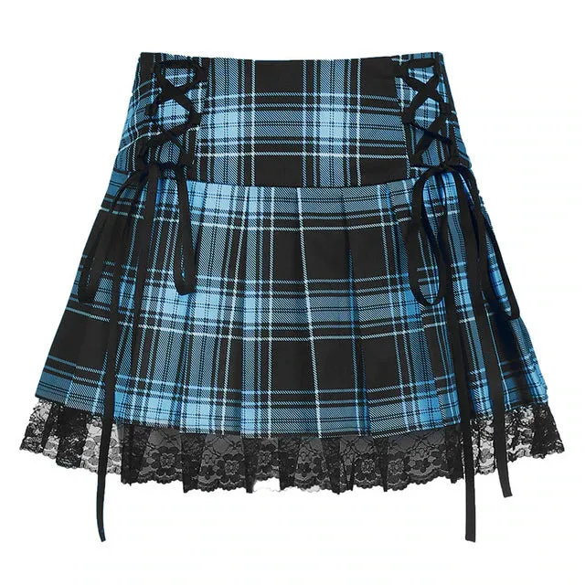 Funki Buys | Skirts | Women's Gothic Plaid Lace A-Line Mini Skirt