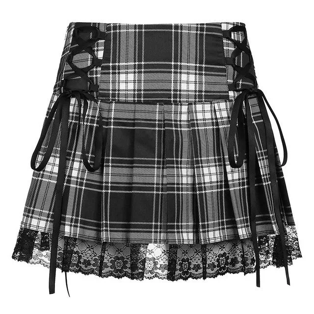 Funki Buys | Skirts | Women's Gothic Plaid Lace A-Line Mini Skirt