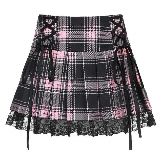 Funki Buys | Skirts | Women's Gothic Plaid Lace A-Line Mini Skirt