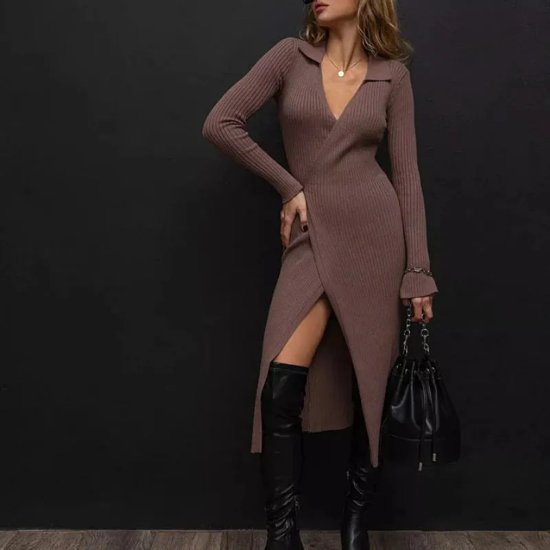 Girlary-shop y2k outfits 2024 Autumn and Winter New Style Sweater Dress Women's Lace-up Long Sleeve Polo Collar Dress Women