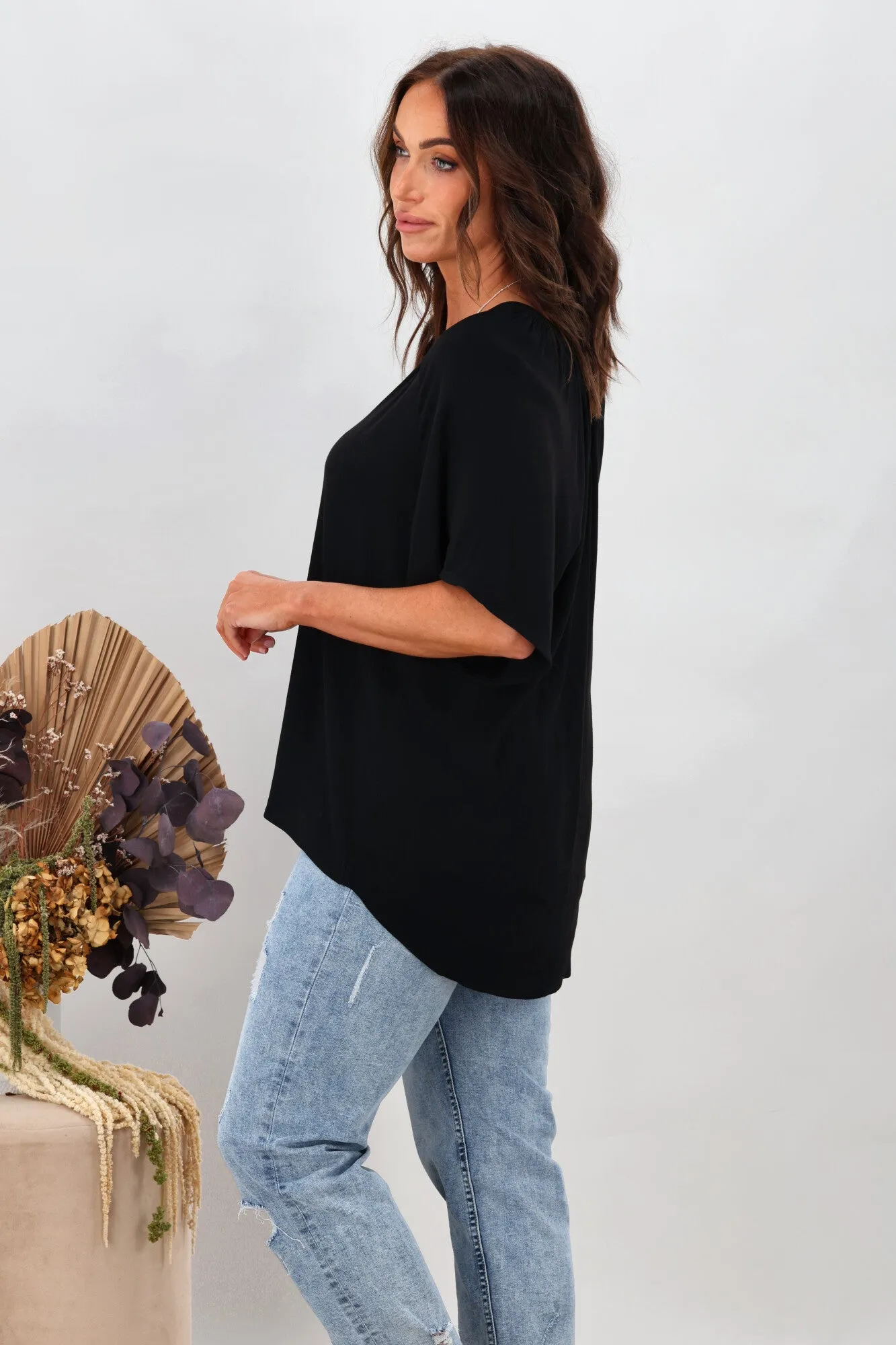 Gloss by Shine On Maive Raglan Flutter Sleeve Top Black